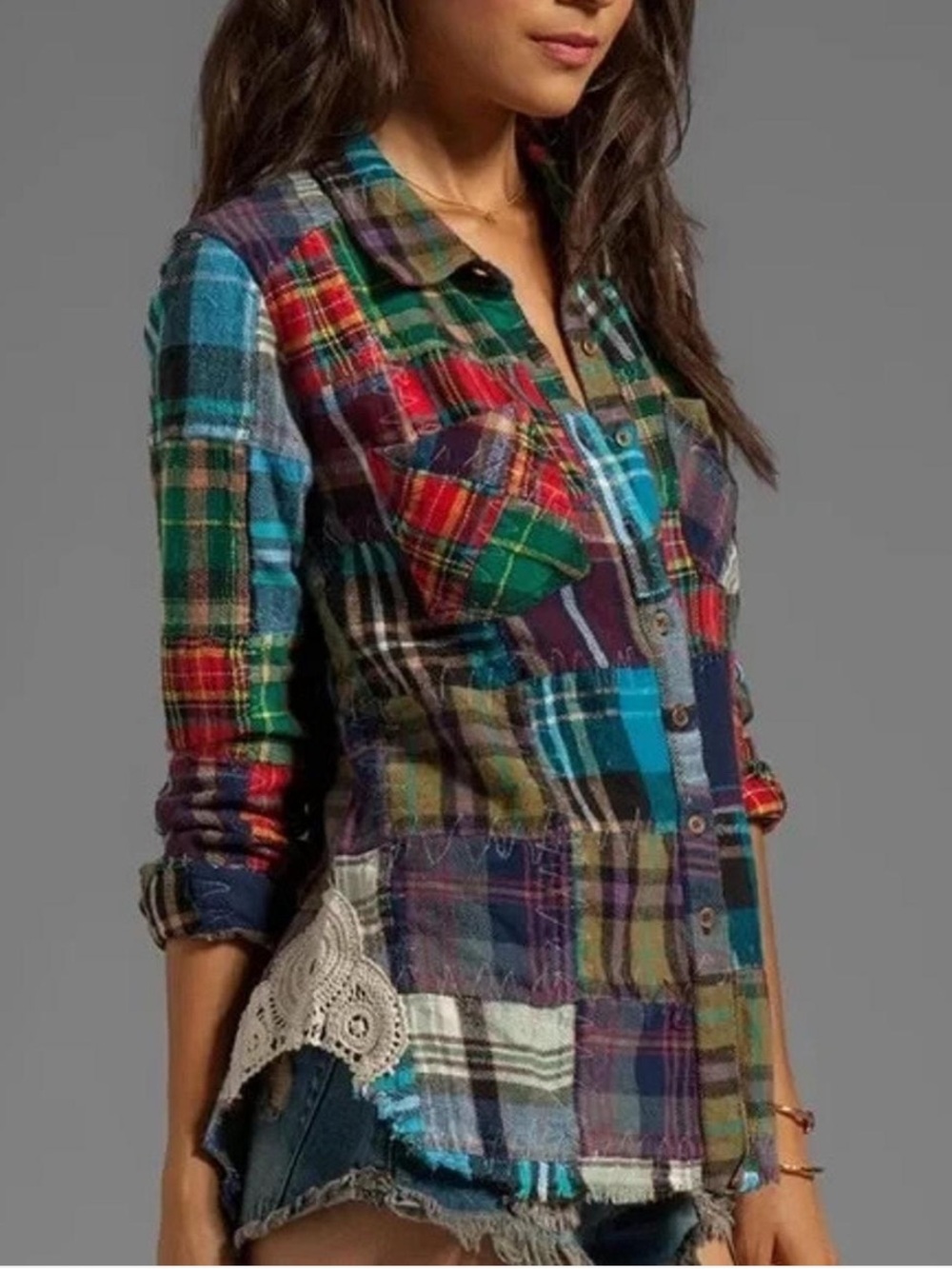 Rare free people lost in Plaid Patchwork Button-Down Shirt - Multicolor